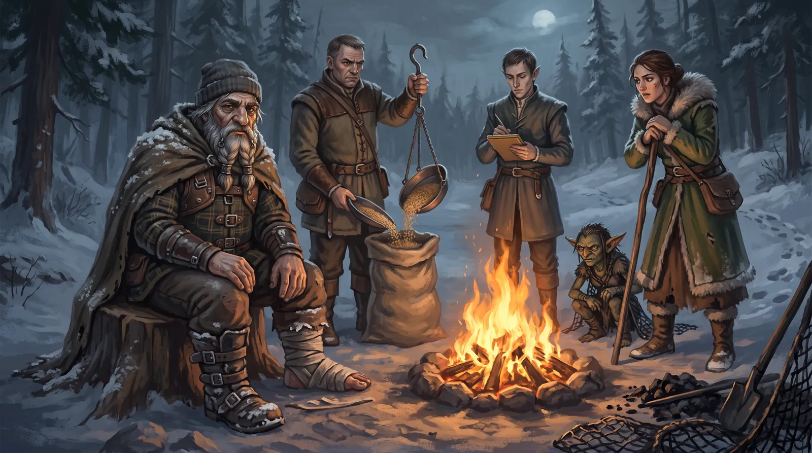 Bram seated on a stump by the fire as the burner reweighs the flour on a hook-scale