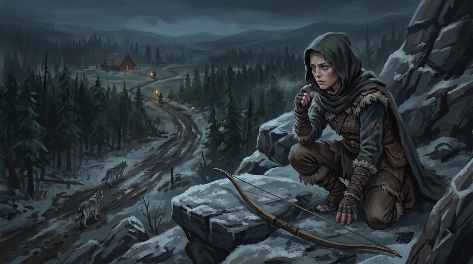 Wren crouched on snowy rocks above a winding forest track, bow at her side