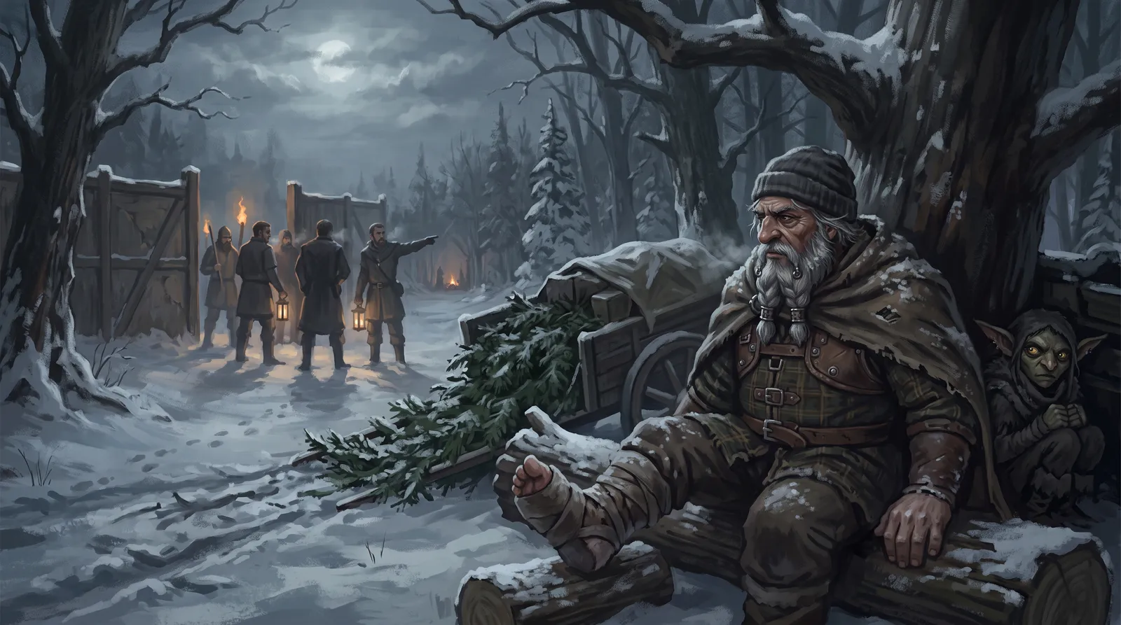Bram resting by the hidden cart under spruce boughs while the reeve's lanterns gather at the hall wall