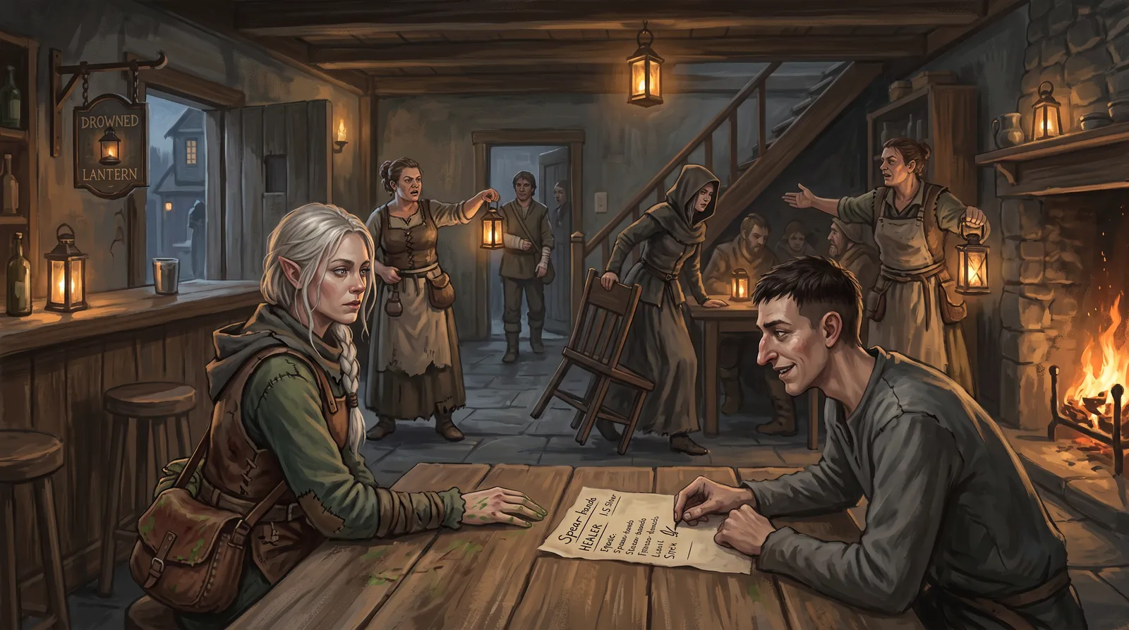 Ilse and Tamas at a table in the Drowned Lantern with the signed hire paper between them