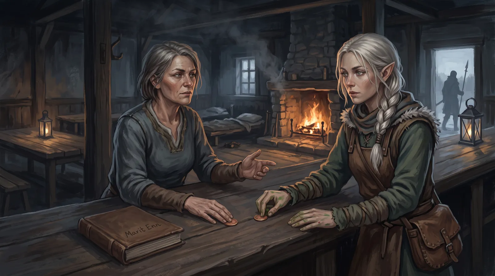 Ilse sliding a copper across the bar to the innkeeper, the guest book between them
