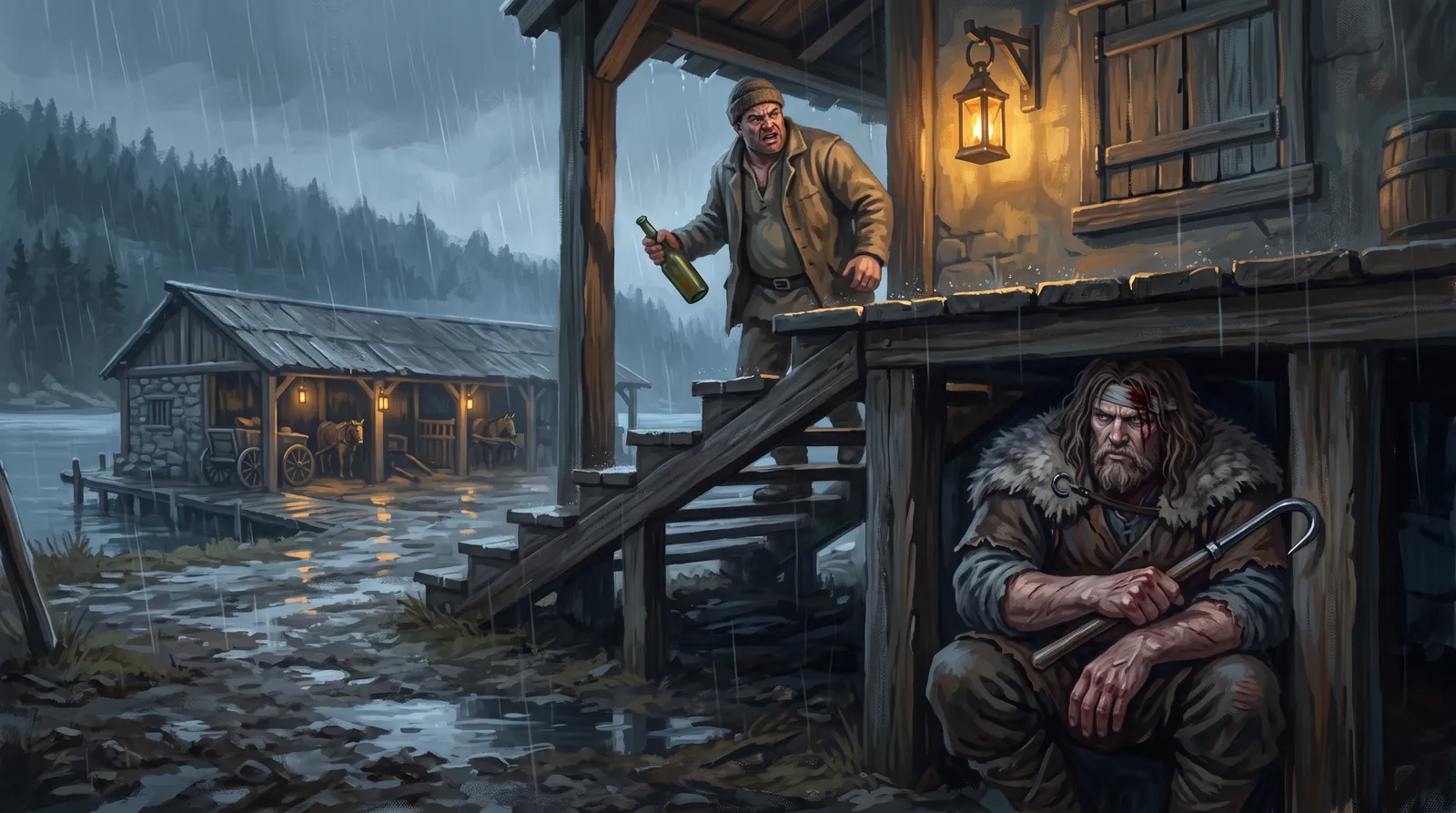 Oswy crouched under the boathouse stilts in the rain as a cousin stands on the planks above with a bottle