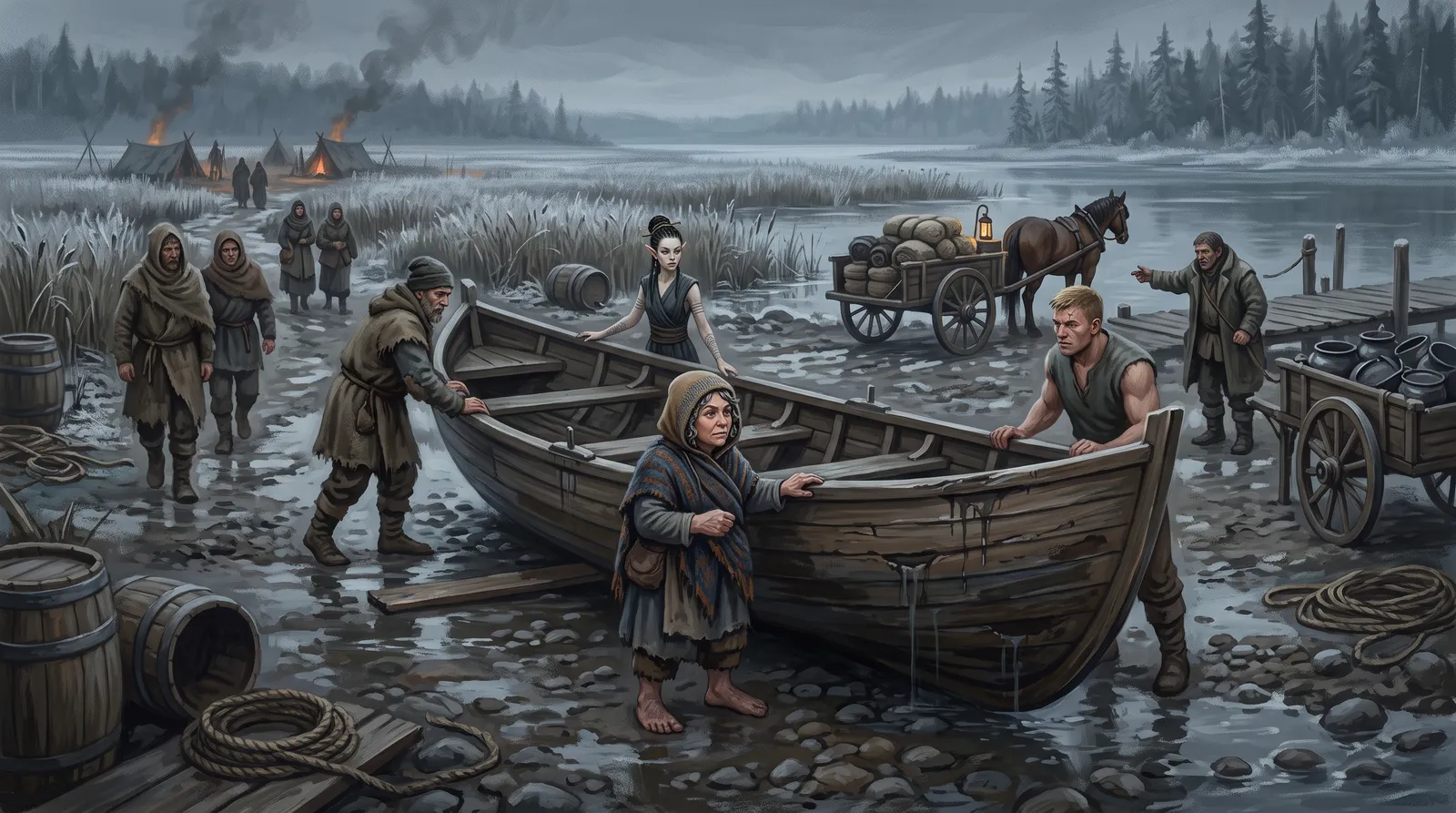 Tansy, Aelis and Col pushing the patched keelboat toward the water as reed-cutters gather on the stones