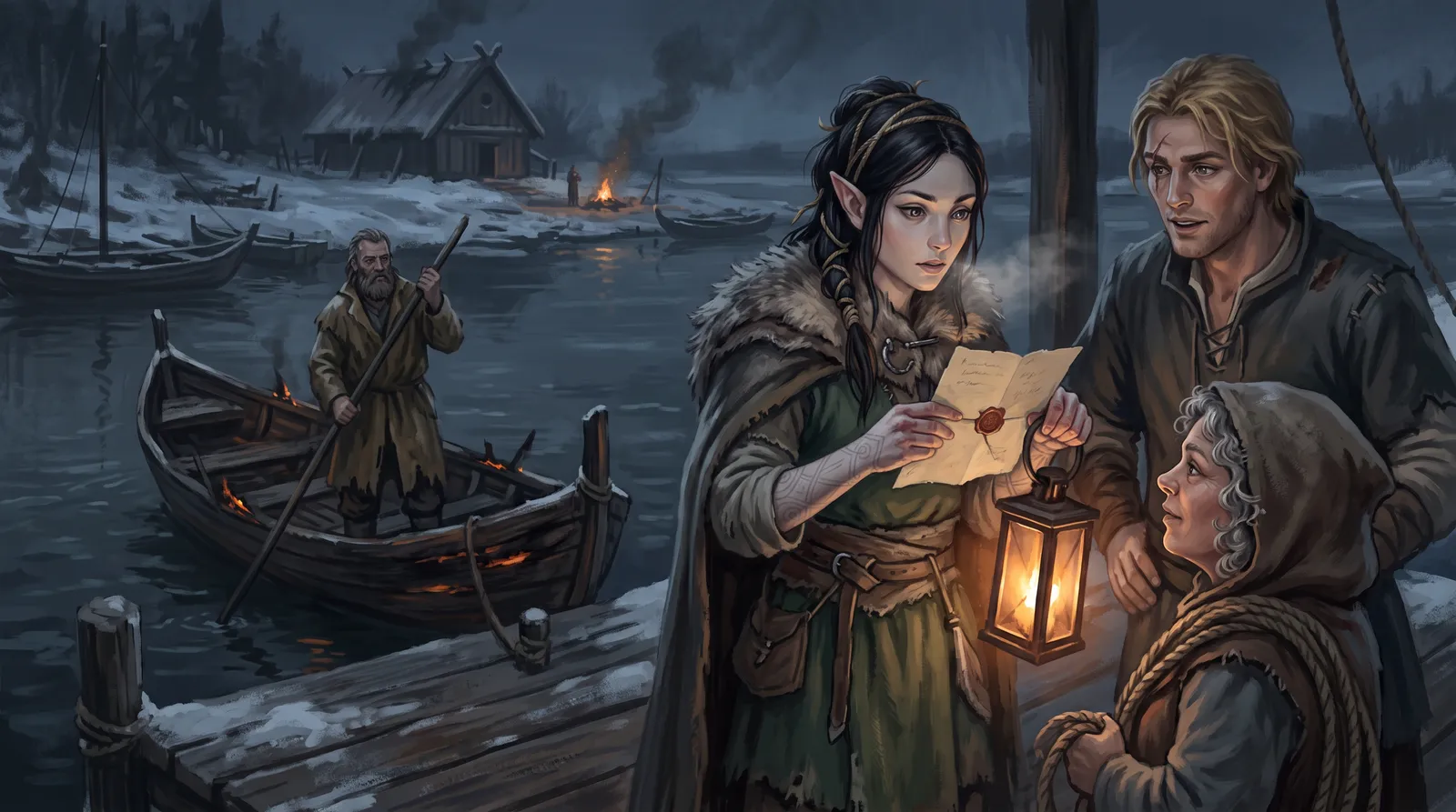 Aelis reading a sealed letter by lantern-light on the ferry stage with Col and Tansy beside her
