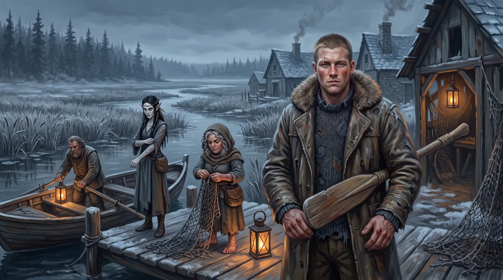 Col holding an oar-blade on the stage, Aelis and Tansy by the boats behind him