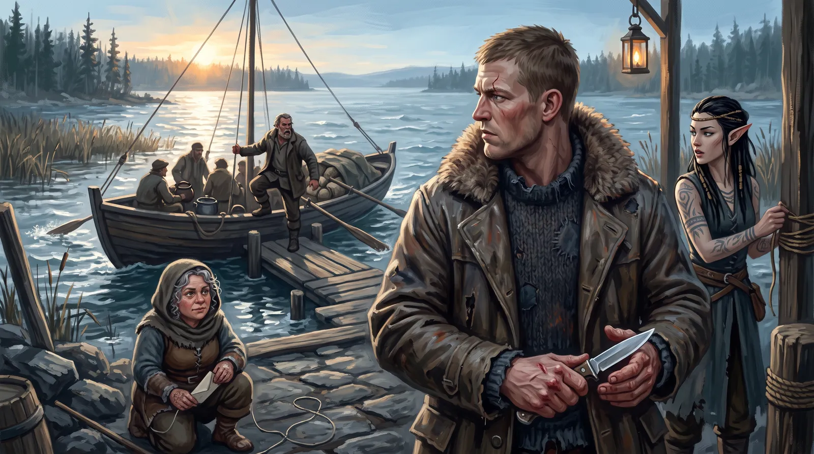 The ferry pulling away at sunrise while Col stands with a knife and Tansy and Aelis watch from the landing