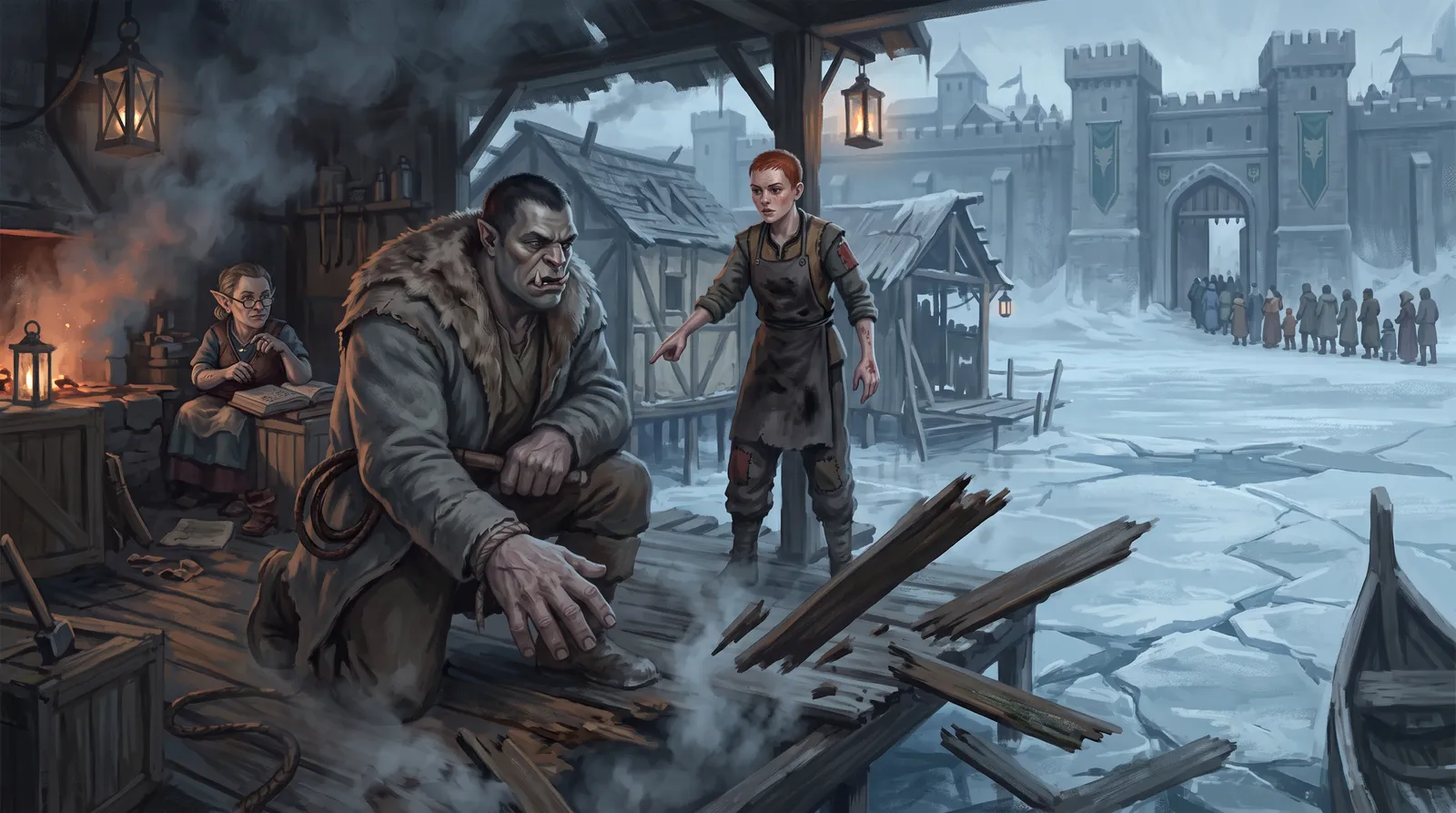 Gorran crouched among kicked-out boards in the shack as Maud works, the town walls across the ice
