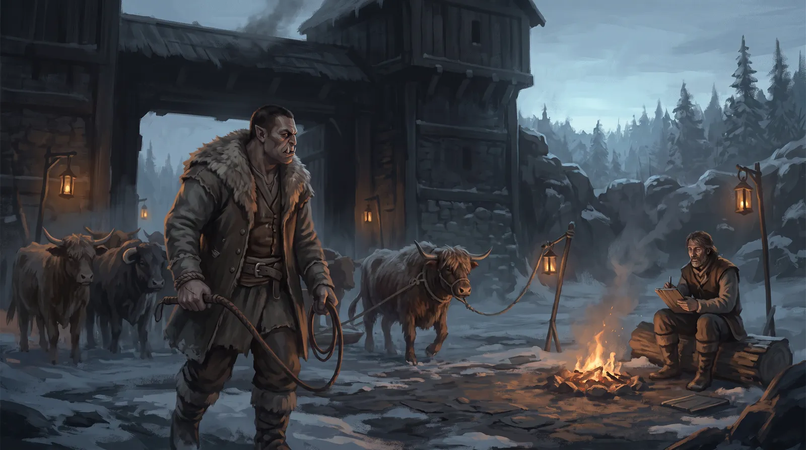 Gorran with his whip among the drover's cattle at the gate before dawn