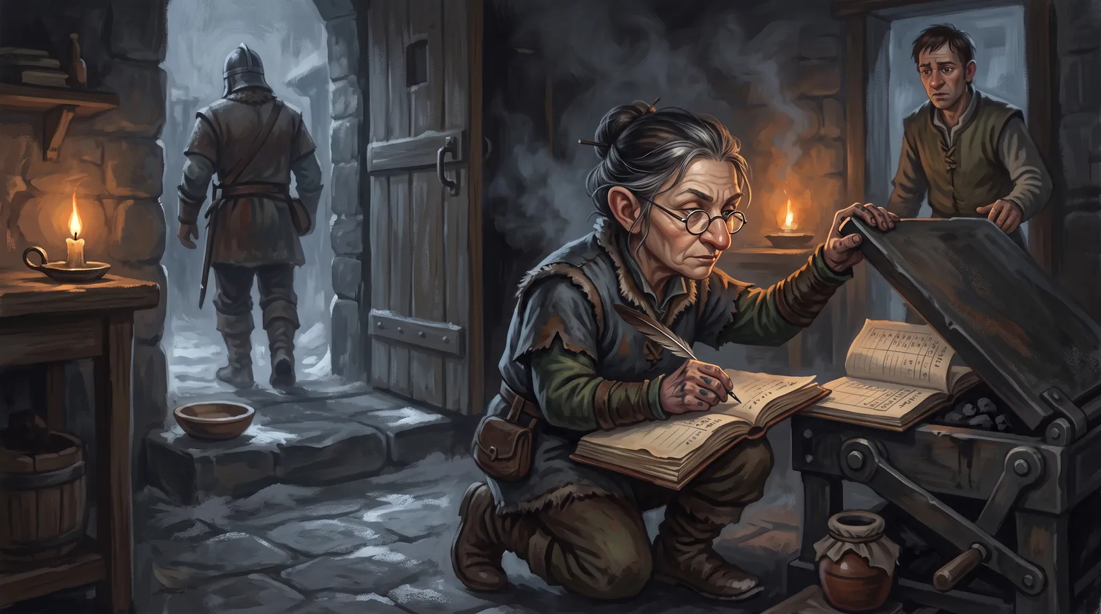 Pella crouched in the Granary back office copying figures from the open coal press