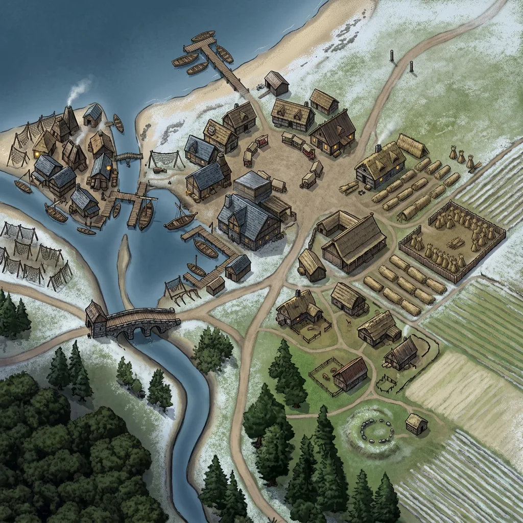A map of the Mere Shore: The Mere Shore is a string of small fishing and reed-cutting hamlets along a lake's south shore, with no walls, just clustered houses, nets drying on poles, and paths running between landings and fields. A river cuts through the middle of the settlement to the water, crossed by a bridge and lined with quays on both banks.